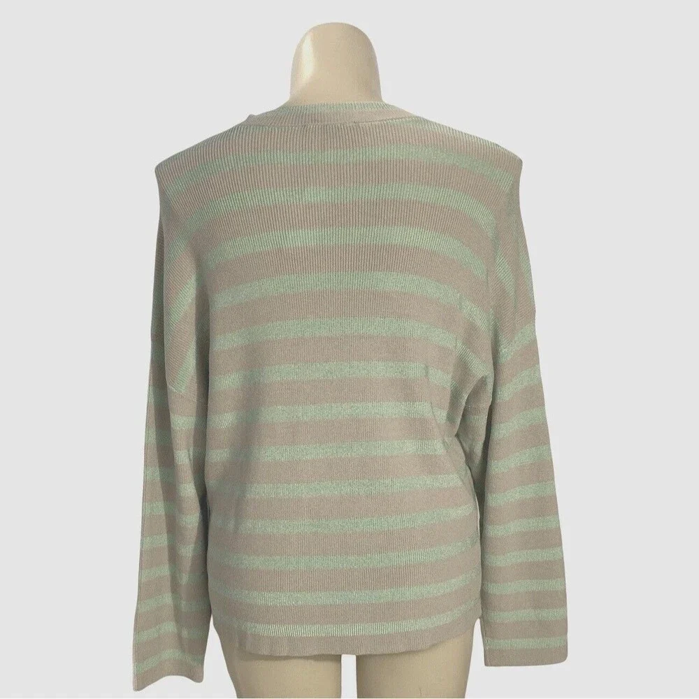 NWT‎ Ann Taylor Sweater XL Mint Green Beige Stripe Long Sl Side Slits Ribbed